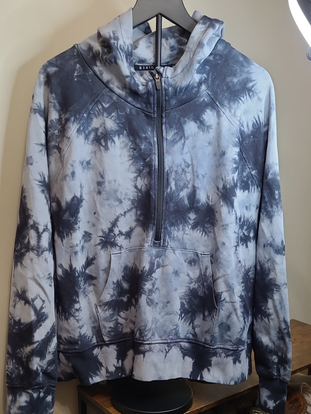 ZELOS Shades of Blue Tie-Dye Half Zip Hoodie with Kangaroo Pocket size 2X